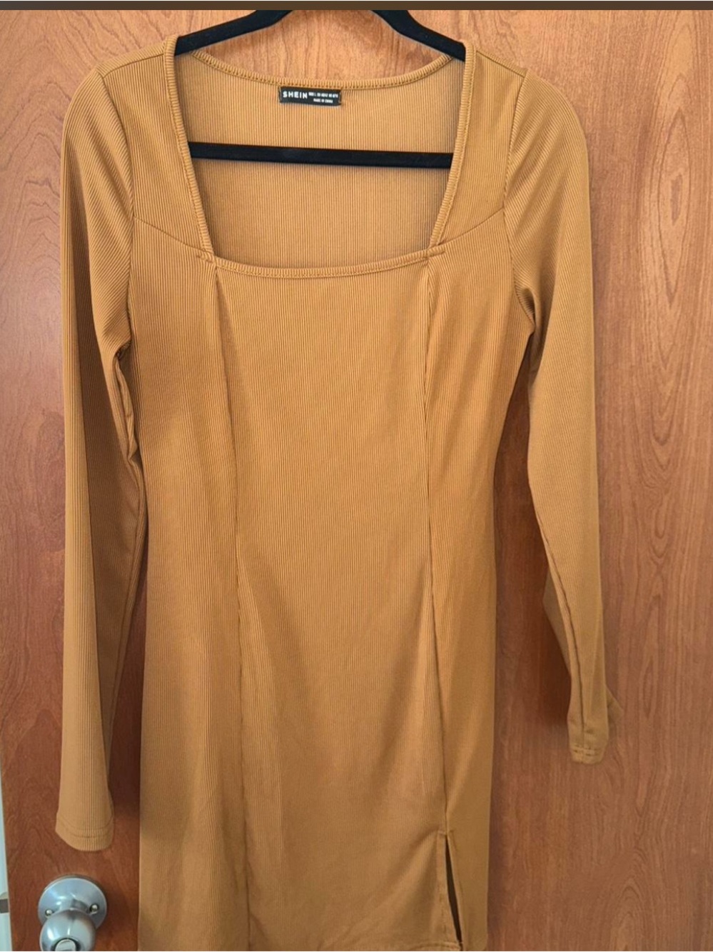 SHEIN Mustard Square Neck Long Sleeve Bodycon Dress